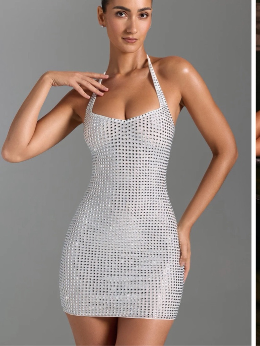 Oh Polly- Amolika White Crystal-Embellished Halter Mini Dress